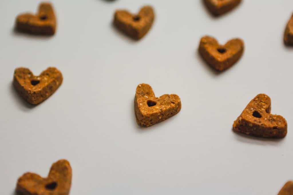 Dog heart-shaped biscuits on a white background